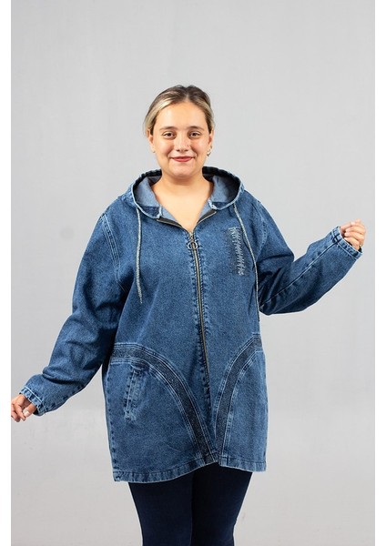 Büyük Beden Oval Taş Işlemeli Kot Mont | Kapşonlu ve Şık Tasarım fiyatları