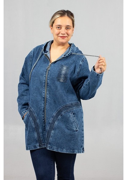 Büyük Beden Oval Taş Işlemeli Kot Mont | Kapşonlu ve Şık Tasarım modelleri