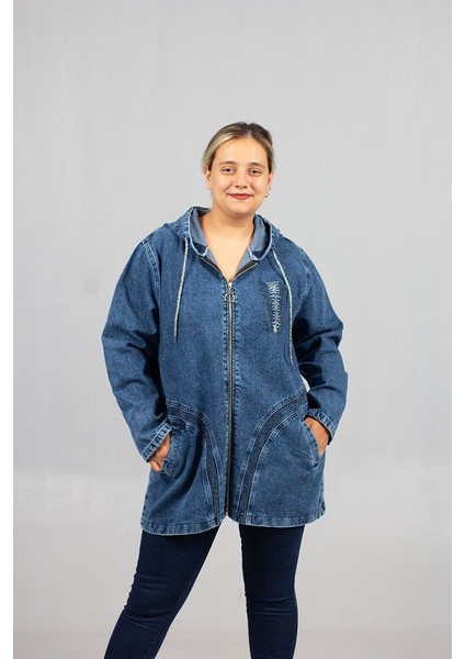 Büyük Beden Oval Taş Işlemeli Kot Mont | Kapşonlu ve Şık Tasarım indirimleri