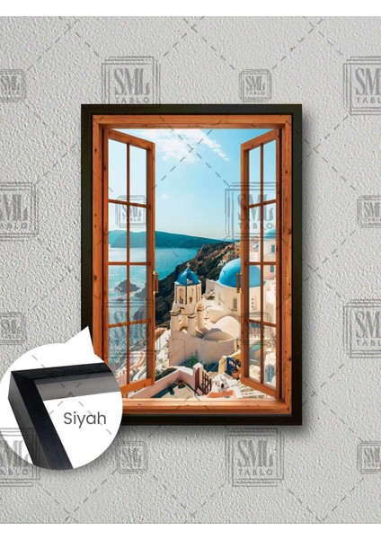 Santorini Manzarası Ahşap Pencere Yunanistan Greece Çerçeveli Dikey Kanvas Tablo