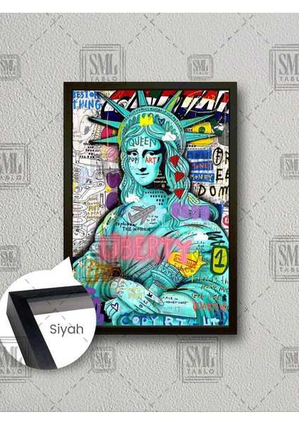 Grafiti Özgürlük Heykeli Mona Lisa Street Art Çerçeveli Dikey Kanvas Tablo
