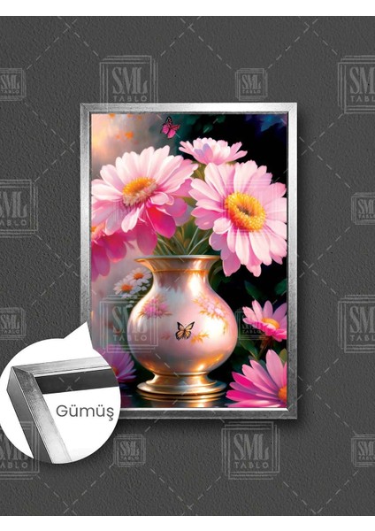 Kelebekli Altın Vazo Içerisindeki Pembe Çiçekler Krizantem Çerçeveli Dikey Kanvas Tablo