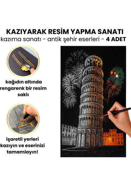 Kazıma Çizim Seti – Antik Şehir Eserleri 4 Adet - Gökkuşağı Kağıt | Hediyelik Hobi Seti - Kazıma Kağıdı A3