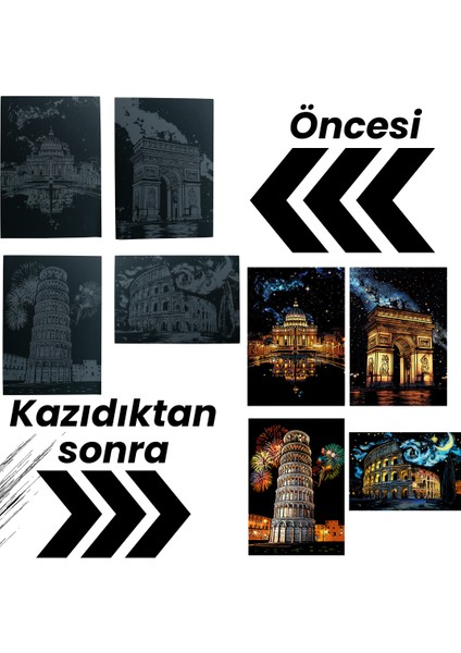 Kazıma Çizim Seti – Antik Şehir Eserleri 4 Adet - Gökkuşağı Kağıt | Hediyelik Hobi Seti - Kazıma Kağıdı A3 fiyatları