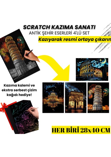 Kazıma Çizim Seti – Antik Şehir Eserleri 4 Adet - Gökkuşağı Kağıt | Hediyelik Hobi Seti - Kazıma Kağıdı A3 modelleri
