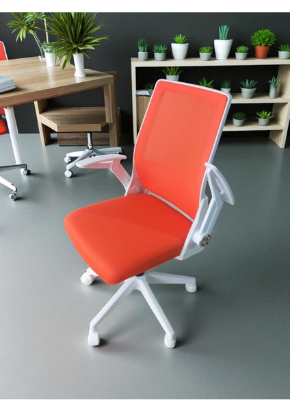 Katlanır Kollu Çalışma Sandalyesi MONTAJLI | Ofis ve Bilgisayar Koltuğu | Beyaz Kol Turuncu Kumaş