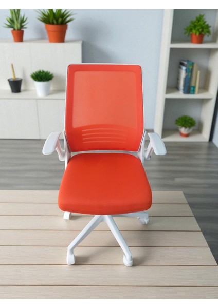 Katlanır Kollu Çalışma Sandalyesi MONTAJLI | Ofis ve Bilgisayar Koltuğu | Beyaz Kol Turuncu Kumaş fiyatları