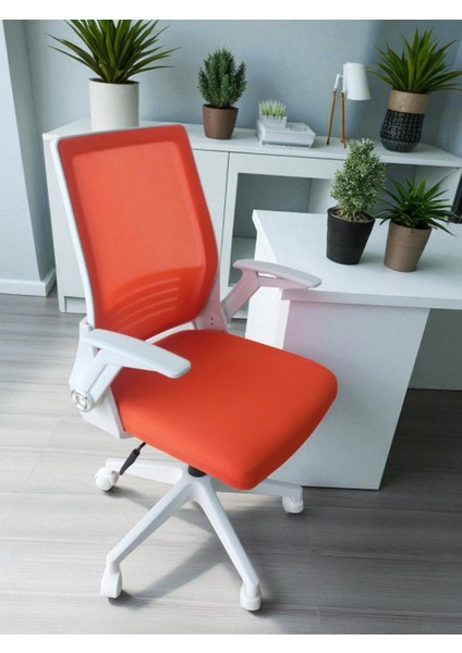 Katlanır Kollu Çalışma Sandalyesi MONTAJLI | Ofis ve Bilgisayar Koltuğu | Beyaz Kol Turuncu Kumaş modelleri