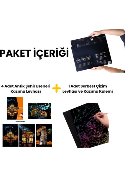 Kazıma Çizim Seti – Antik Şehir Eserleri 4 Adet - Gökkuşağı Kağıt | Hediyelik Hobi Seti - Kazıma Kağıdı A3 fırsatları
