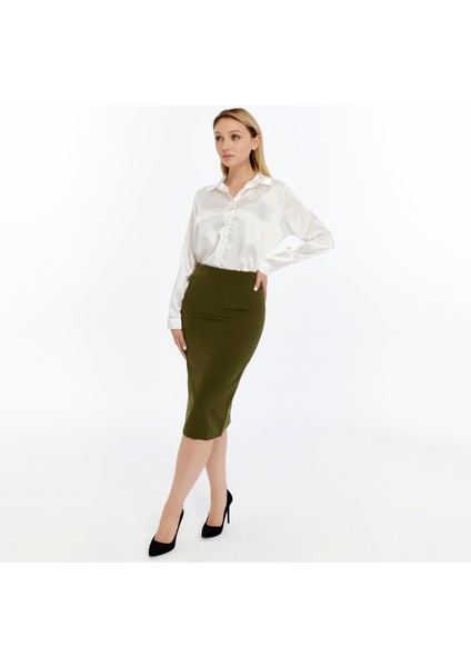 Kadın Haki Beli Lastikli Mevsimlik Yırtmaç Detaylı Etek Ofis 1903-70