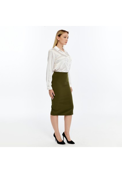 Kadın Haki Beli Lastikli Mevsimlik Yırtmaç Detaylı Etek Ofis 1903-70 modelleri