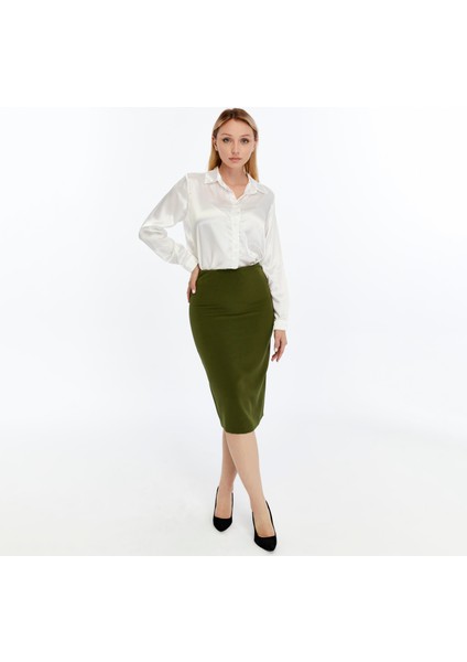 Kadın Haki Beli Lastikli Mevsimlik Yırtmaç Detaylı Etek Ofis 1903-70 fırsatları