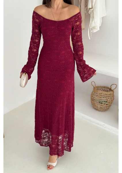 Kadın Astarlı Dantel Kumaş Maxi Elbise NBK4331