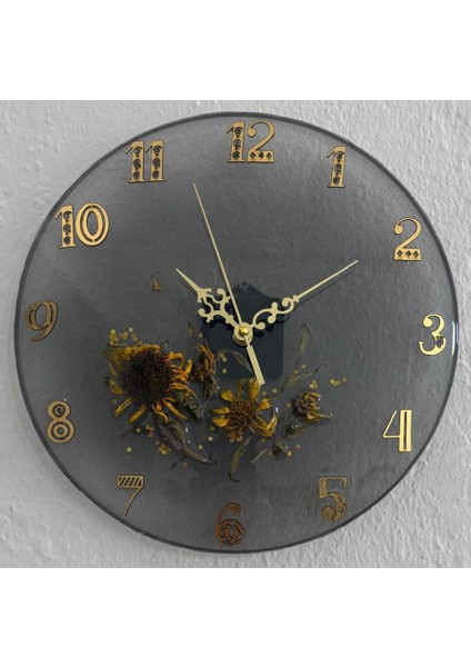Ayçiçeği Temalı Gold Detaylı Epoksi Duvar Saati (Özel Tasarım - Tek Üretim) - 30 cm