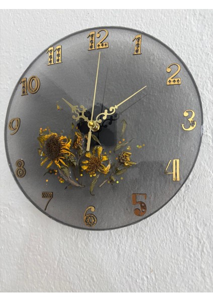 Ayçiçeği Temalı Gold Detaylı Epoksi Duvar Saati (Özel Tasarım - Tek Üretim) - 30 cm fiyatları