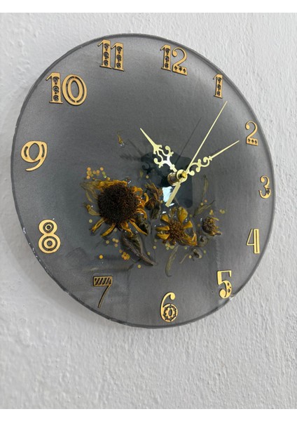 Ayçiçeği Temalı Gold Detaylı Epoksi Duvar Saati (Özel Tasarım - Tek Üretim) - 30 cm modelleri