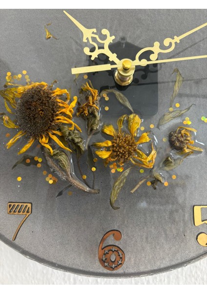 Ayçiçeği Temalı Gold Detaylı Epoksi Duvar Saati (Özel Tasarım - Tek Üretim) - 30 cm fırsatları