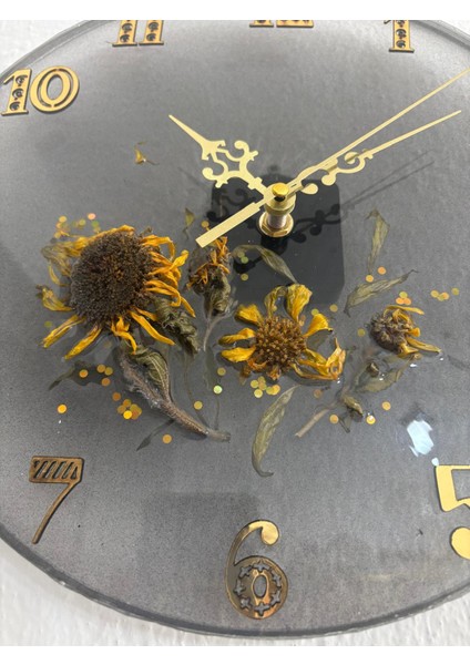 Ayçiçeği Temalı Gold Detaylı Epoksi Duvar Saati (Özel Tasarım - Tek Üretim) - 30 cm indirimleri