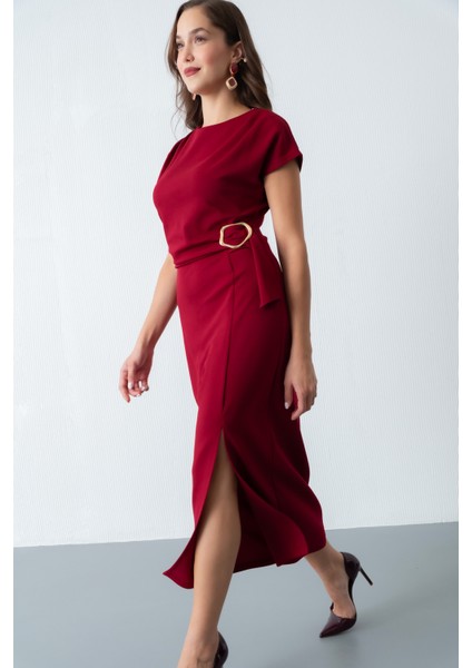 Kadın Bordo Toka Detay Midi Davet Elbisesi fiyatları