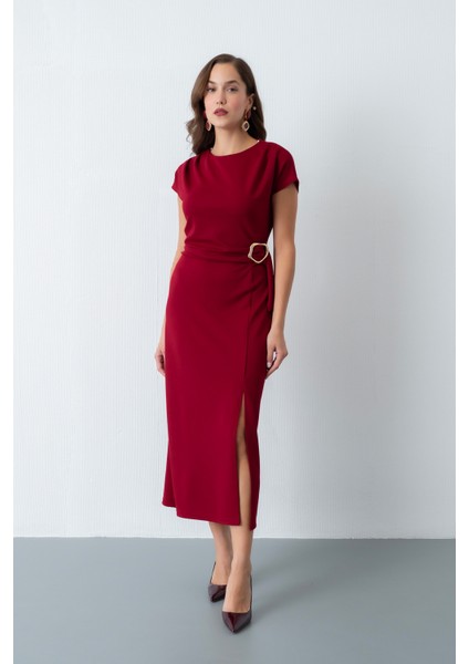 Kadın Bordo Toka Detay Midi Davet Elbisesi modelleri