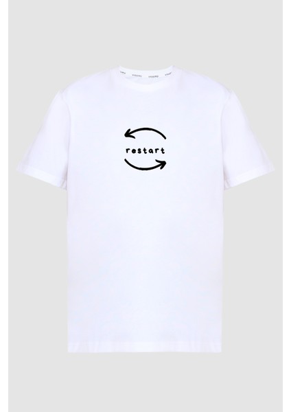 Restart Baskılı %100 Pamuk Bisiklet Yaka Basic T-Shirt