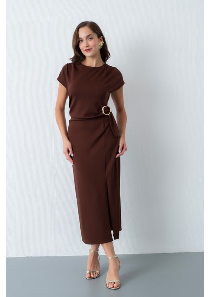 Kadın Kahverengi Toka Detay Midi Davet Elbisesi fiyatları