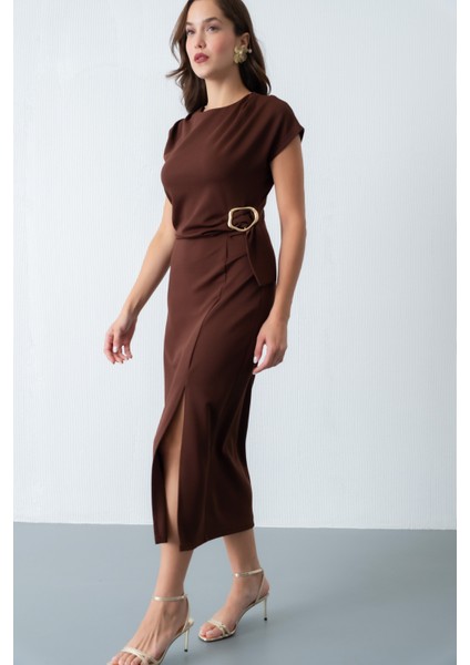 Kadın Kahverengi Toka Detay Midi Davet Elbisesi modelleri