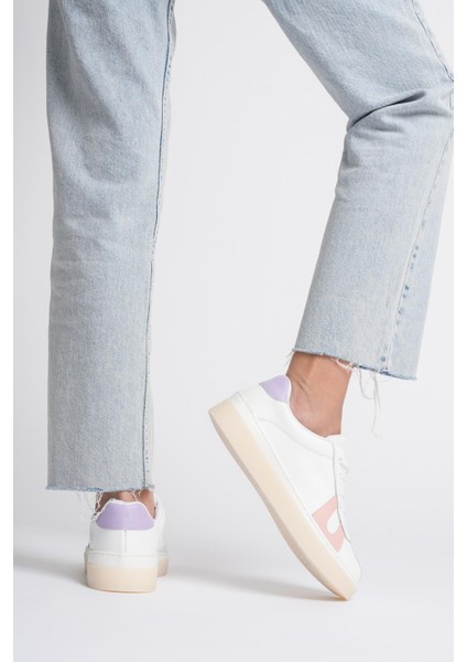 Kadın Hakiki Deri Beyaz Pudra Lila Spor Ayakkabı Sneakers Casper modelleri