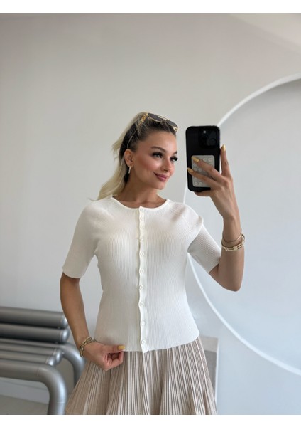 Ekru Açık Bisiklet Yaka Fitilli Yaka Düğmeli Ince Triko Hırka fiyatları