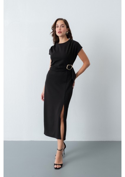 Kadın Siyah Toka Detay Midi Davet Elbisesi fiyatları