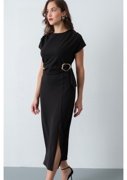 Kadın Siyah Toka Detay Midi Davet Elbisesi modelleri