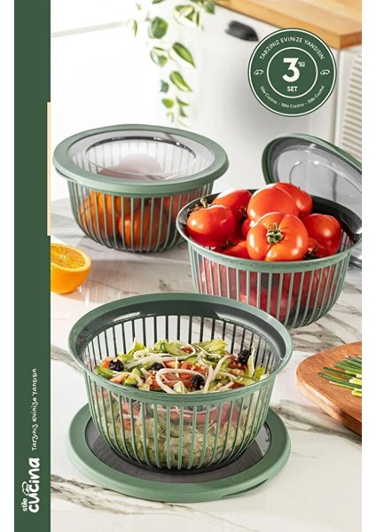 Linea 3 Adet 3 Litre Yuvarlak Sızdırmaz Çerez & Meyve & Bakliyat Saklama Kabı Yeşil