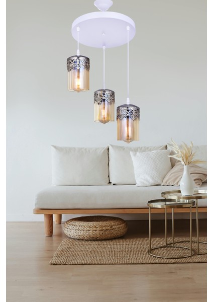 Zerhan 3’lü Sarkıt Avize – Beyaz Gövde, Bal Rengi Camlı, Modern Metal Başlıklı Şık Salon Avize fiyatları