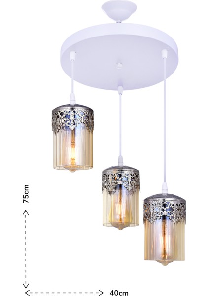 Zerhan 3’lü Sarkıt Avize – Beyaz Gövde, Bal Rengi Camlı, Modern Metal Başlıklı Şık Salon Avize modelleri