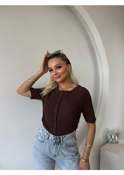 Kahverengi Açık Bisiklet Yaka Düğmeli Ince Triko Hırka modelleri