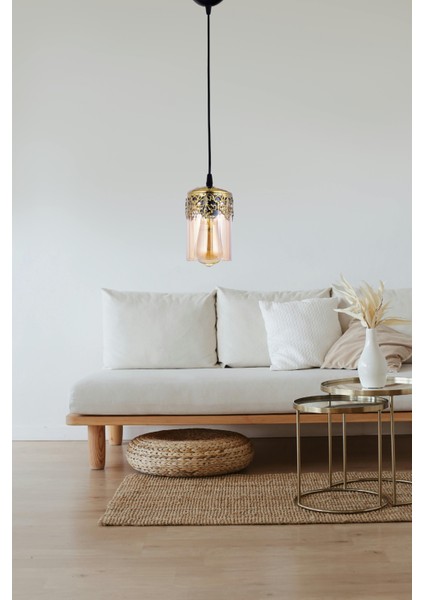 Zerhan Tekli Sarkıt Avize – Siyah Gövde, Bal Rengi Camlı, Gold Detaylı Modern Avize fiyatları