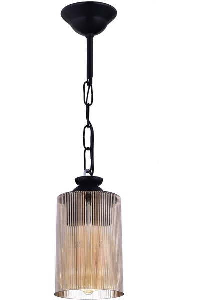 Lina Camlı Tekli Sarkıt Avize – Siyah Gövde, Bal Rengi Camlı, Modern Metal Tasarım