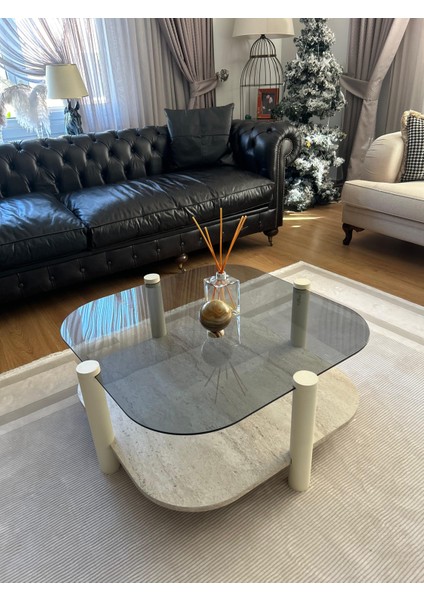 Rudder Modern Orta Sehpa Bohem Temperli Camlı Metal Ayaklı 80 x 80 Tabla 36 cm Yükseklik Demonte