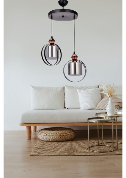 Elif 2’li Sarkıt Avize – Siyah, Bakır Detaylı, Füme Camlı Modern Tasarım | E27 Duy