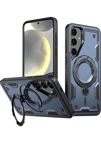 Samsung Galaxy S25+ Için Manyetik Çift Katmanlı Telefon Kılıfı, Metal Halkalı Ayaklık Içerir Mavi (Yurt Dışından)