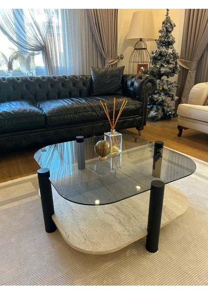 Rudder Modern Orta Sehpa Bohem Temperli Camlı Metal Ayaklı 80 x 80 Tabla 36 cm Yükseklik Demonte