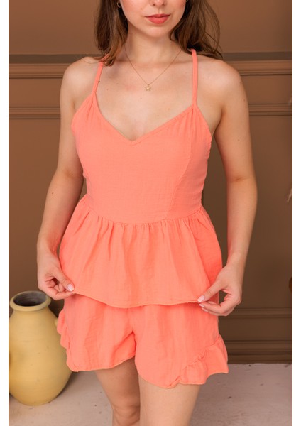 %100 Pamuk Müslin Askılı Büstiyer Şort Takım