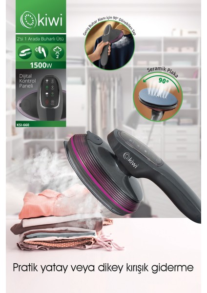 KSI-660 2'si 1 Arada Buharlı Ütü – 1500W Güçlü, LED Ekranlı, 90° Dönebilen Saplı