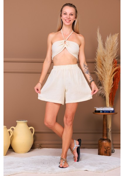 %100 Pamuk Müslin Kumaş Bağlamalı Crop & Şort Takım