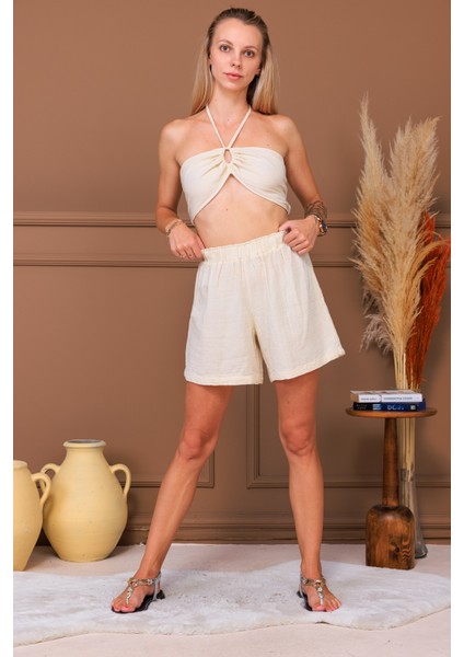 %100 Pamuk Müslin Kumaş Bağlamalı Crop & Şort Takım fiyatları