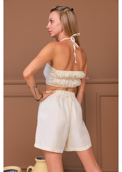 %100 Pamuk Müslin Kumaş Bağlamalı Crop & Şort Takım modelleri