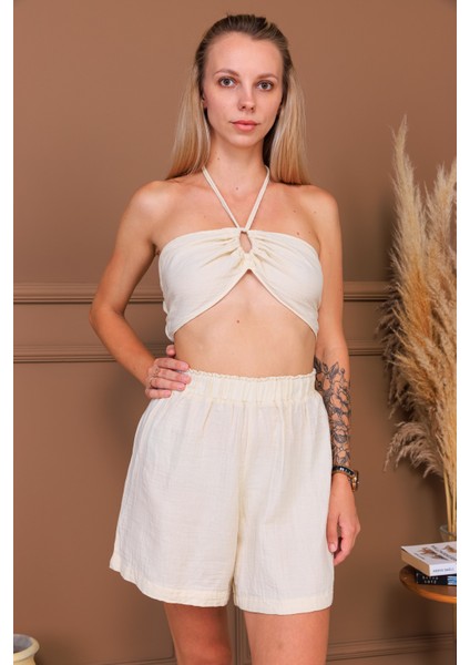 %100 Pamuk Müslin Kumaş Bağlamalı Crop & Şort Takım fırsatları