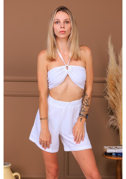 %100 Pamuk Müslin Kumaş Bağlamalı Crop & Şort Takım