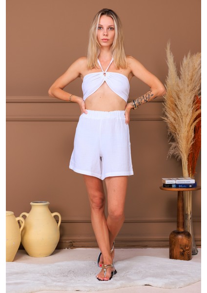 %100 Pamuk Müslin Kumaş Bağlamalı Crop & Şort Takım fiyatları