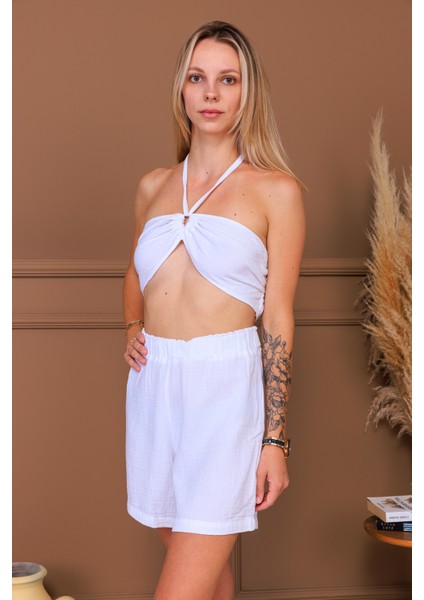 %100 Pamuk Müslin Kumaş Bağlamalı Crop & Şort Takım modelleri